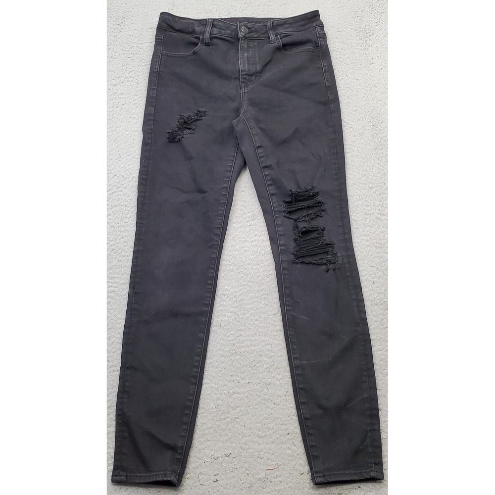 American Eagle Skinny Jeans Womens 8 Black Denim Stretch Distressed Regular Fit - Picture 1 of 8